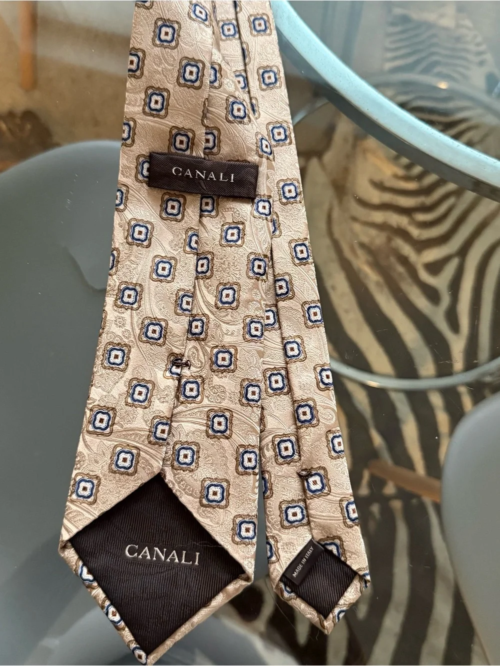 Canali Beige Silk Tie with Navy Square Motif